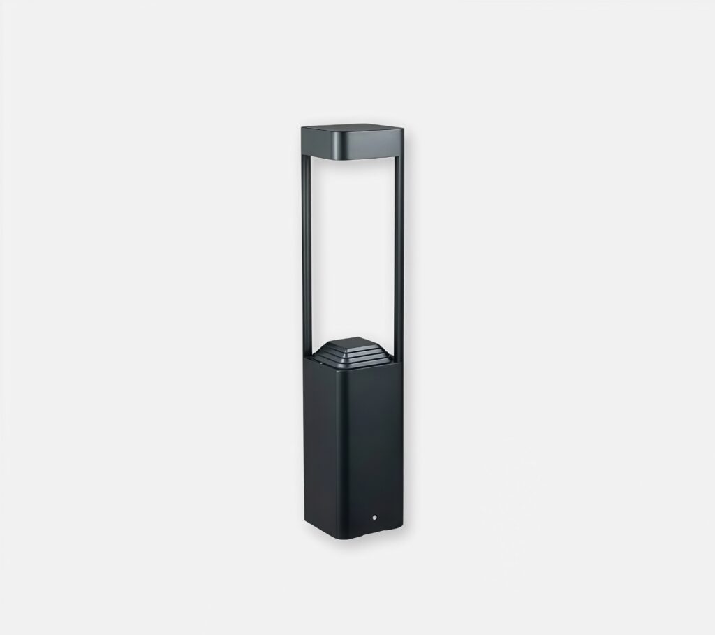Black enclosed-top outdoor post light, square base, dusk-to-dawn sensor for US yards