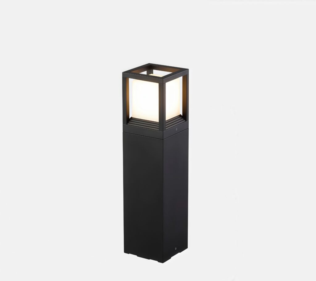 Black glowing-panel outdoor post light, square top, 120V dimmable for US patios