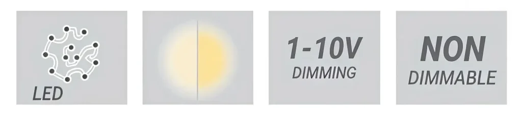 LED Lighting Features Icons LED COB Light Source 1-10V Dimming Non-Dimmable